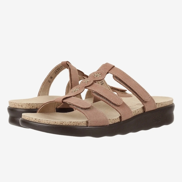 New SAS Suede Sorrento Praline Sandals W Miinimalist Leather Velcro Straps - Picture 1 of 10